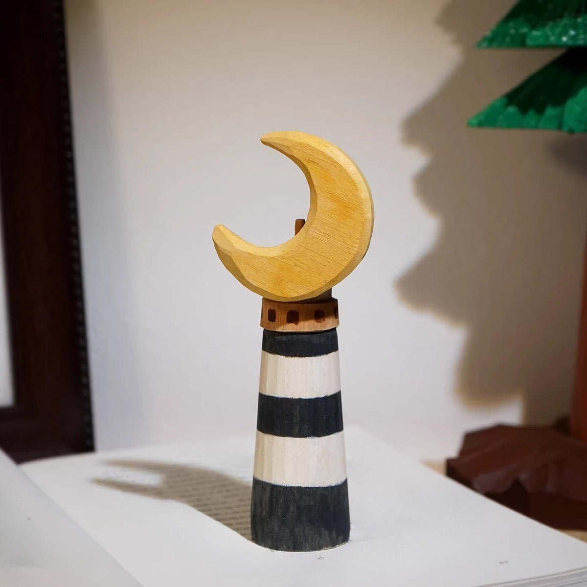 Hand-Carved Wooden Moon Lighthouse Desktop Ornament FantastiKurios