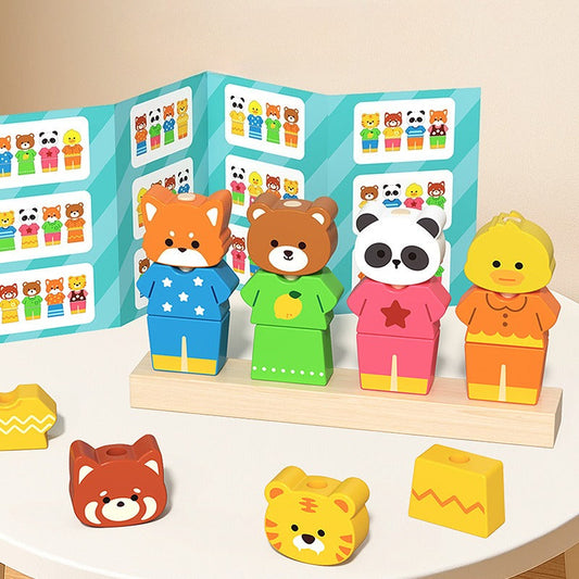 Set of colorful animal-themed educational toys on a stand with matching blocks on a table.