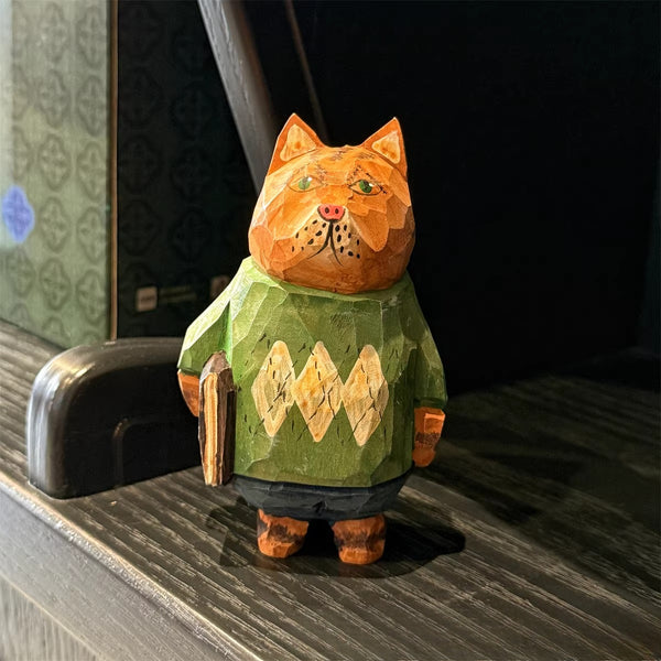 Hand-Carved Wooden Cat Desktop Ornament