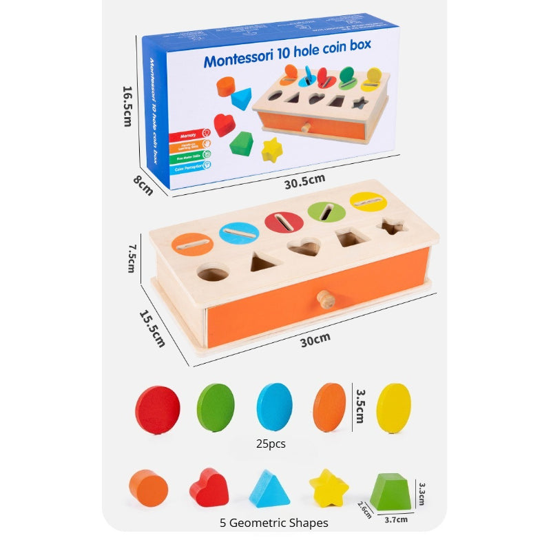 Wooden Montessori 10-Hole Shape and Color Sorting Box