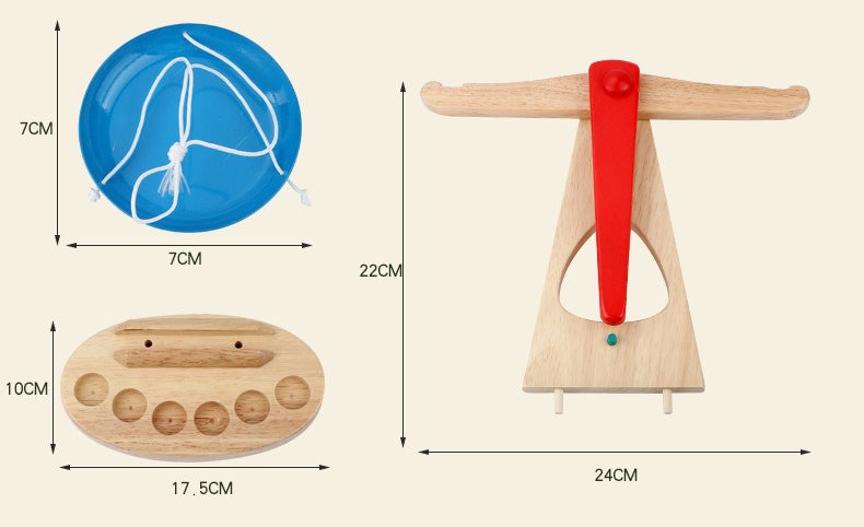 Wooden tool with red component and measurements on a beige background