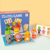 Small animal transposition game with toy figures and packaging on a light background