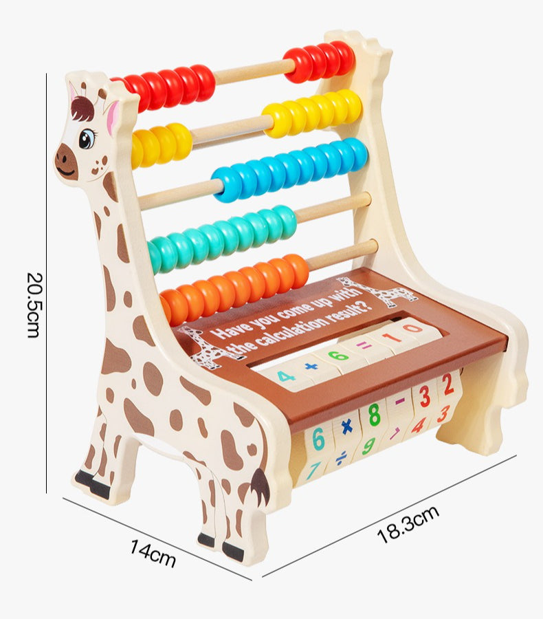 Giraffe-shaped abacus toy with colorful beads and measurement details on a white background
