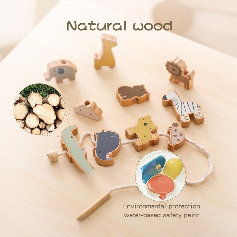 Natural Wood Threading and Stacking Toy Set