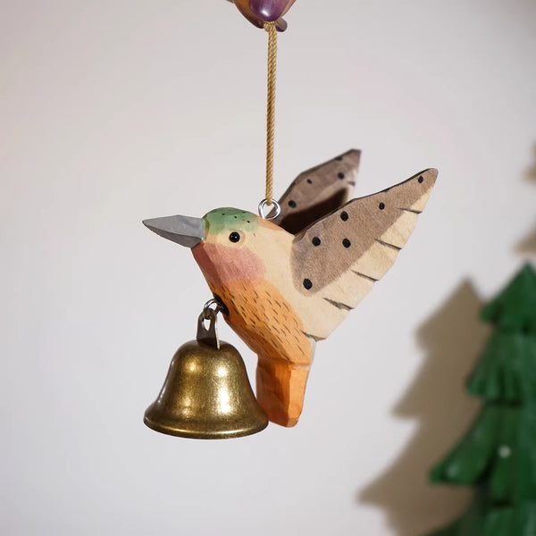 Hand-Carved Wooden Hummingbird Bell Ornament