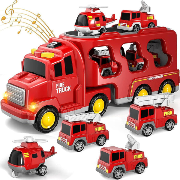 Red Fire Truck Storage Carrier with 4 Mini Vehicles