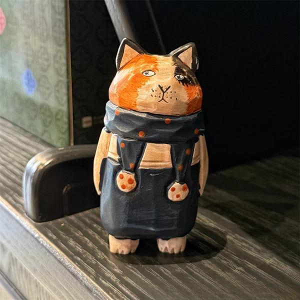 Hand-Carved Wooden Cat Desktop Ornament