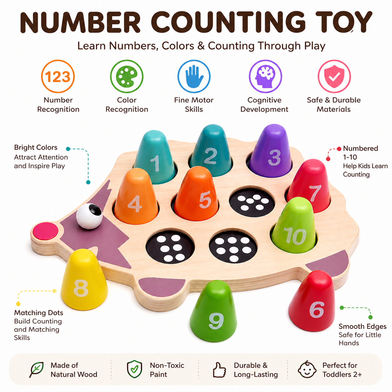 Number counting toy with colorful cones and a base, designed to teach numbers, colors, and counting.