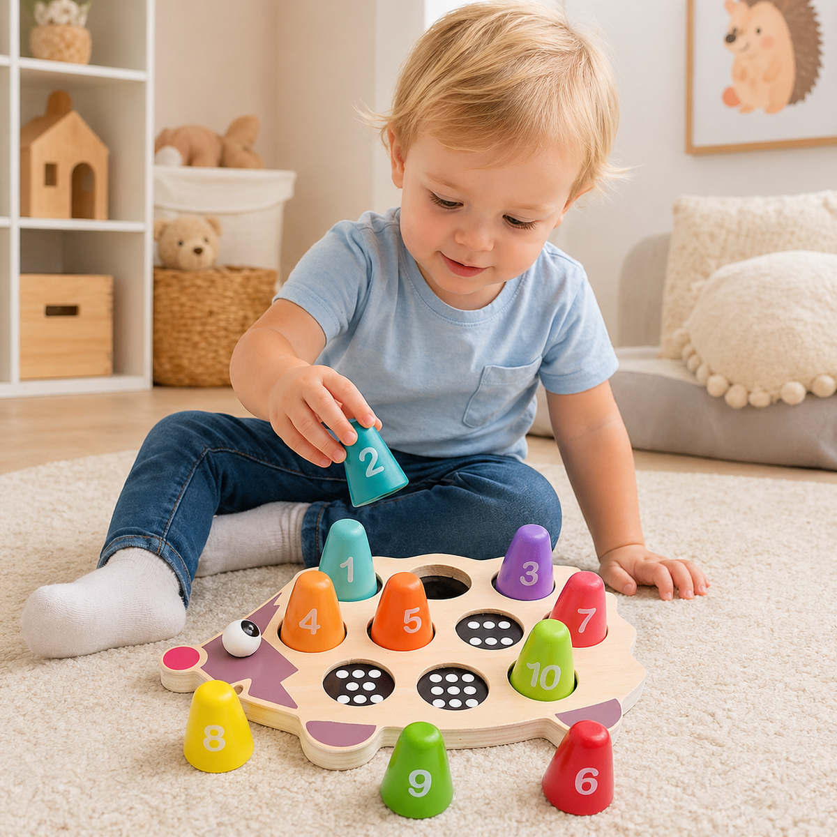 Child playing with a colorful number puzzle toy in a cozy living room.