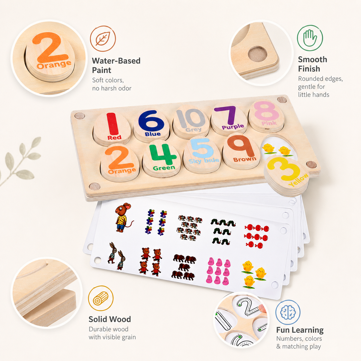 Wooden Number Counting Toy with Replaceable Learning Cards