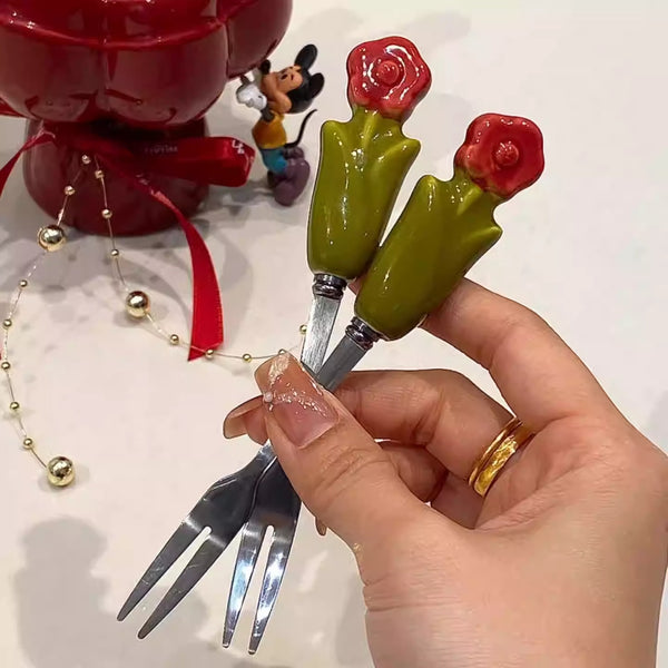 Ceramic Fruit Fork Set with Bouquet Storage Jar