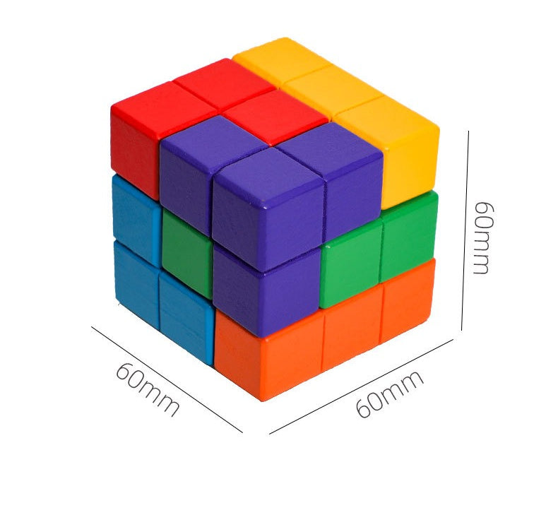 Colorful Rubik's cube with dimensions labeled on a white background