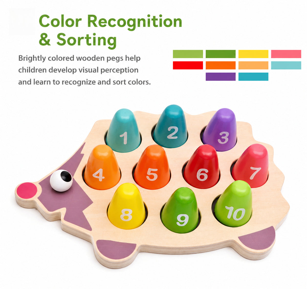 Wooden peg toy with numbers and colors on a white background