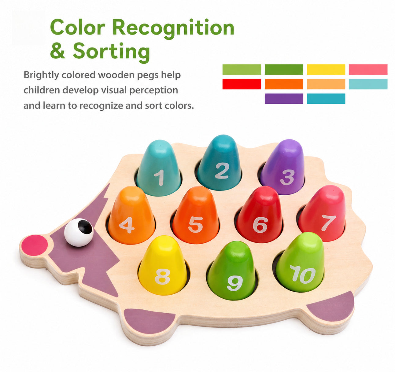 Wooden peg toy with numbers and colors on a white background