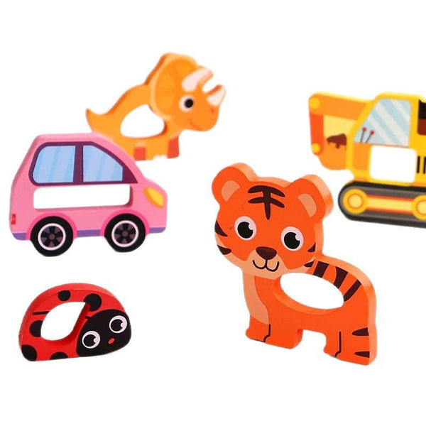 Set of colorful children's toys including a tiger, car, and construction vehicle on a white background