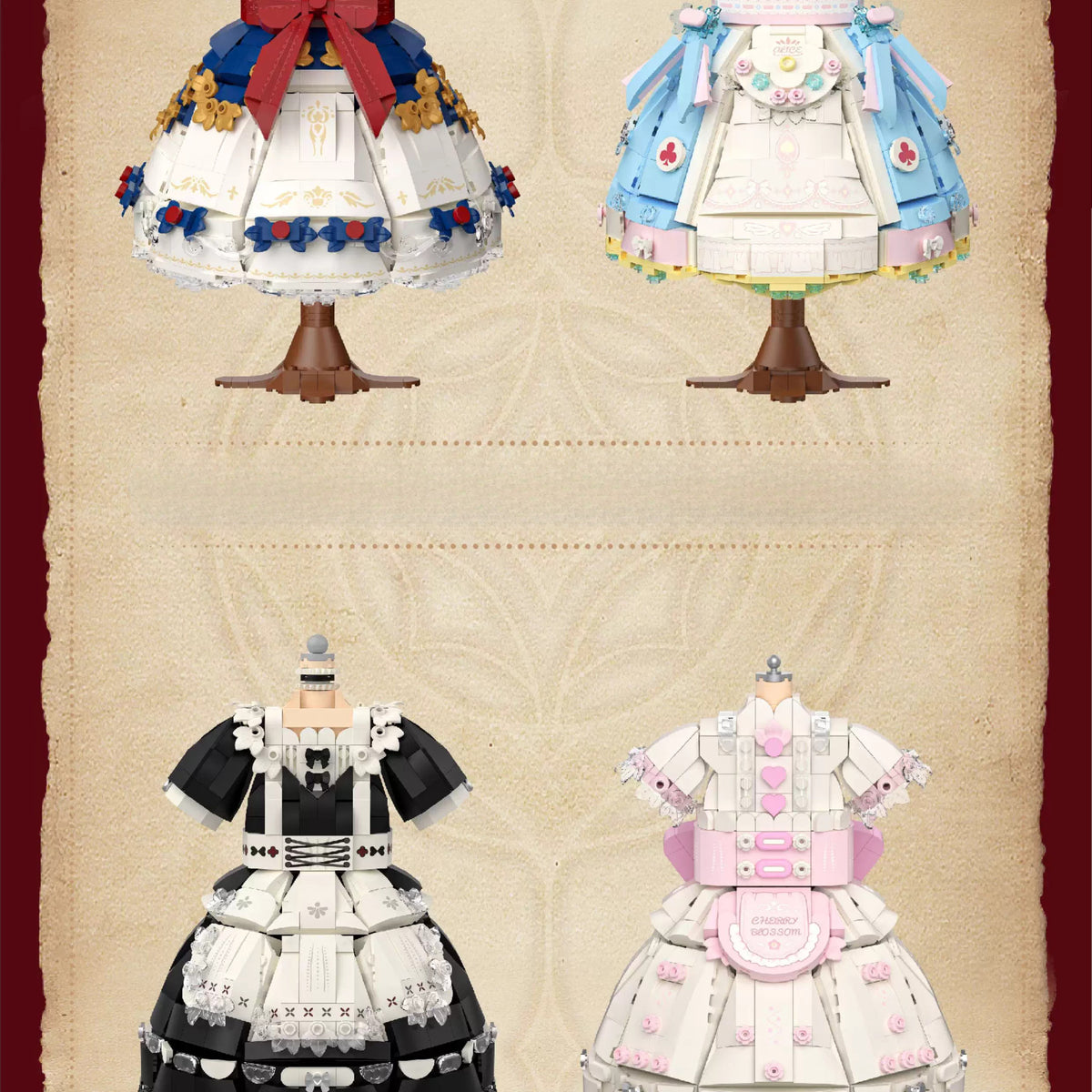 Front of retail box for princess dress building set showing design variant illustration and piece-count labeling on a white box