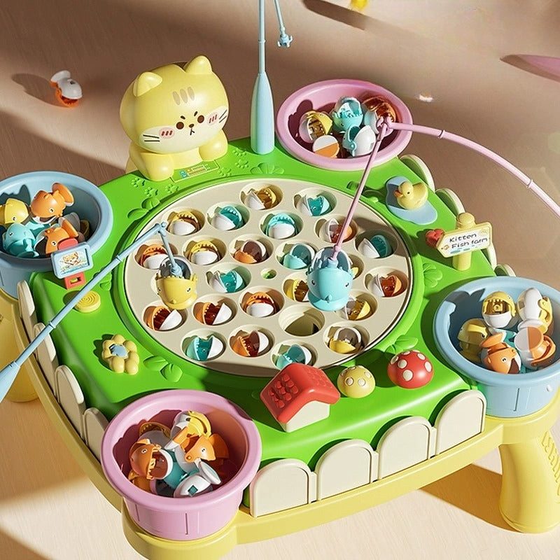 Colorful children's fishing game with a cat-shaped rod on a beige background
