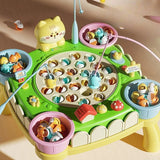 Colorful children's fishing game with a cat-shaped rod on a beige background