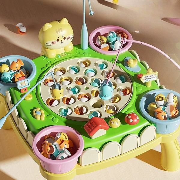 Colorful children's fishing game with a cat-shaped rod on a beige background