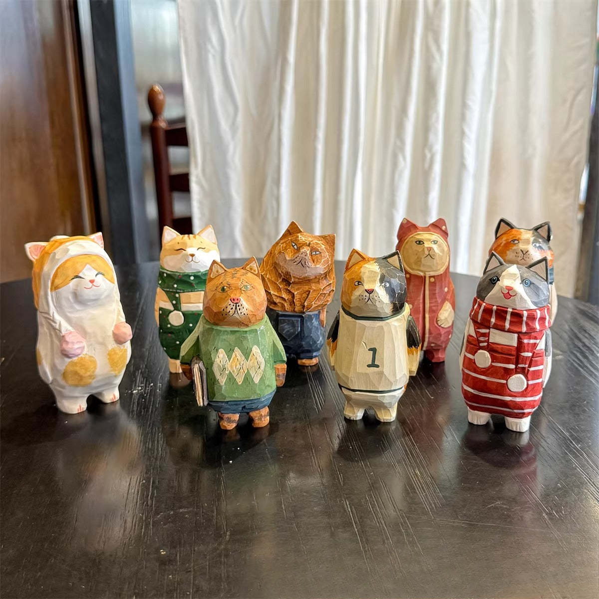 Hand-Carved Wooden Cat Desktop Ornament