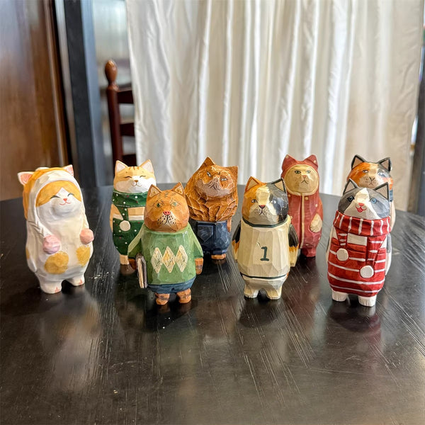 Hand-Carved Wooden Cat Desktop Ornament