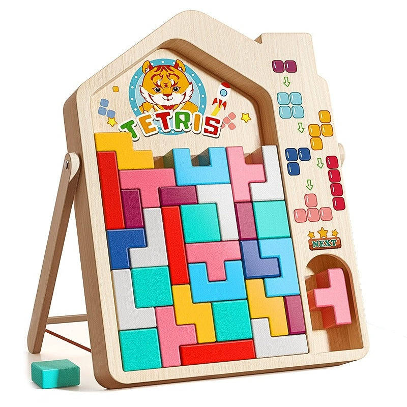 Wooden Tetris toy with colorful blocks on a white background