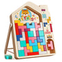 Wooden Tetris toy with colorful blocks on a white background