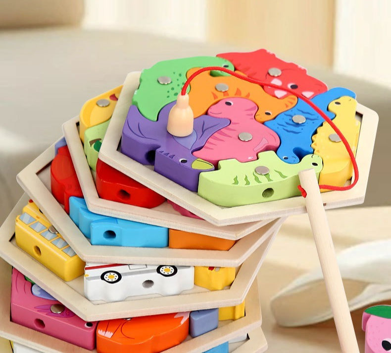 Colorful wooden puzzle with animal shapes on a light background
