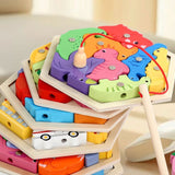 Colorful wooden puzzle with animal shapes on a light background