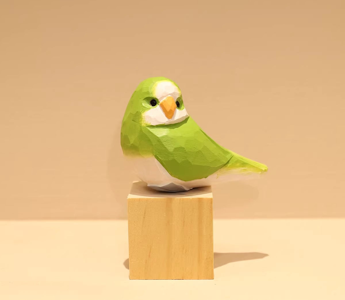 Hand-Carved Wooden Budgie and Monk Parakeet Figurine