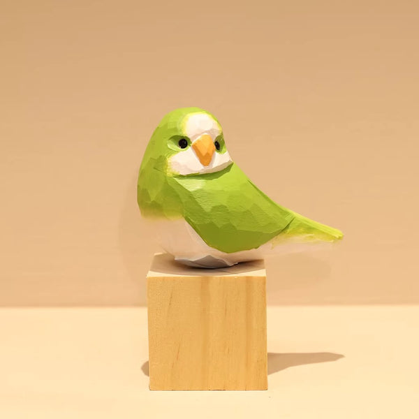 Hand-Carved Wooden Budgie and Monk Parakeet Figurine