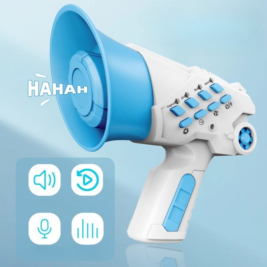 Children's toy megaphone with blue and white design on a light blue background