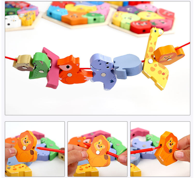 Colorful animal-shaped puzzle with a string, held by a hand.