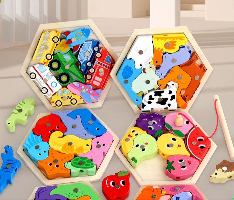 Set of colorful wooden puzzles for children on a light wooden surface.