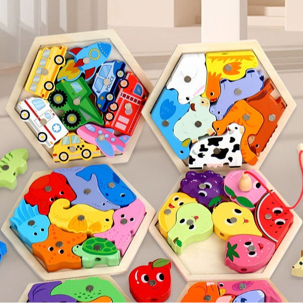 Set of colorful wooden puzzles for children on a light wooden surface.