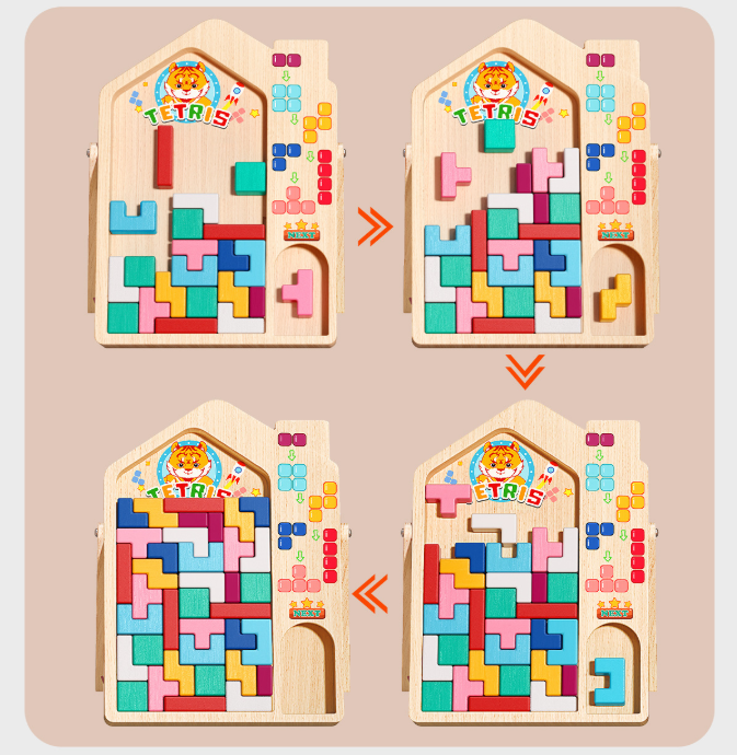 Wooden puzzle with colorful block design on a beige background
