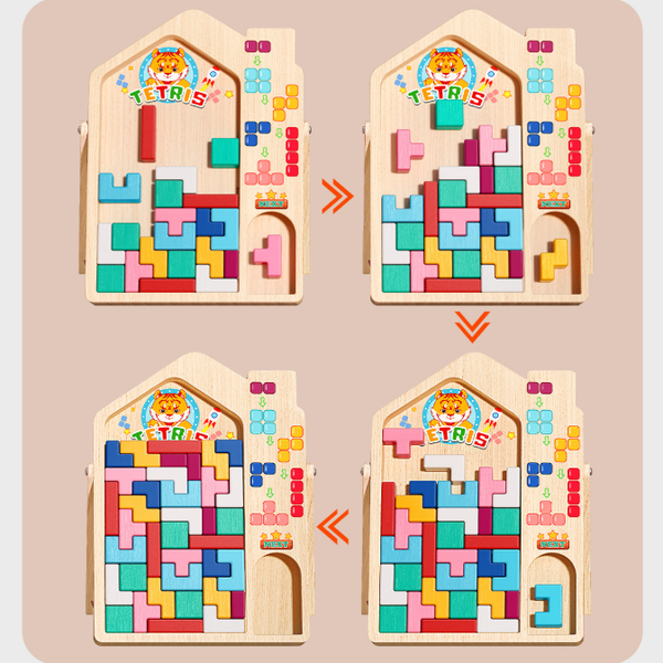 Wooden puzzle with colorful block design on a beige background