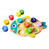 Wooden toy with colorful number and shape blocks on a white background
