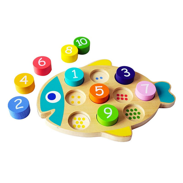 Wooden toy with colorful number and shape blocks on a white background
