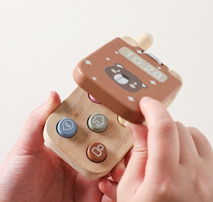 Bear Wooden Flip Phone Toy with Press Buttons