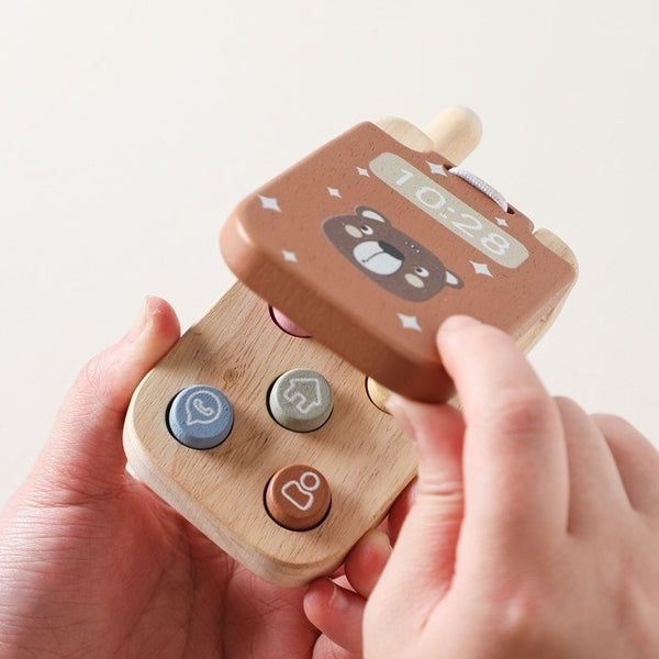 Bear Wooden Flip Phone Toy with Press Buttons