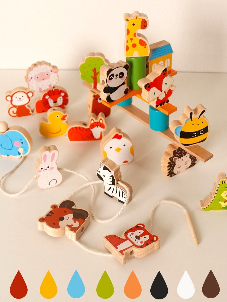Wooden Animal Balance & Threading Beads Set
