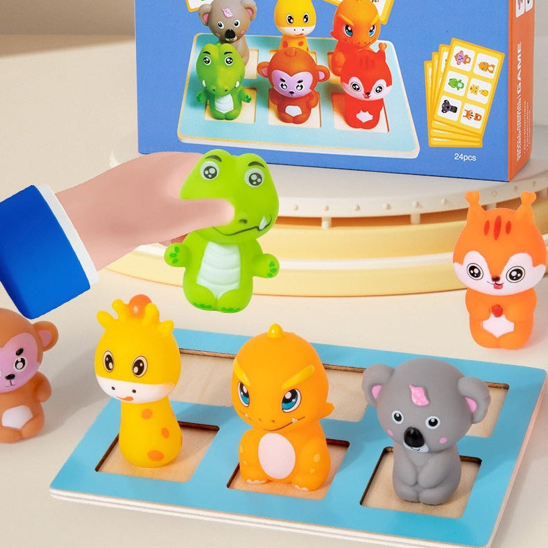 Children's educational game with colorful animal figures and a matching card on a light background
