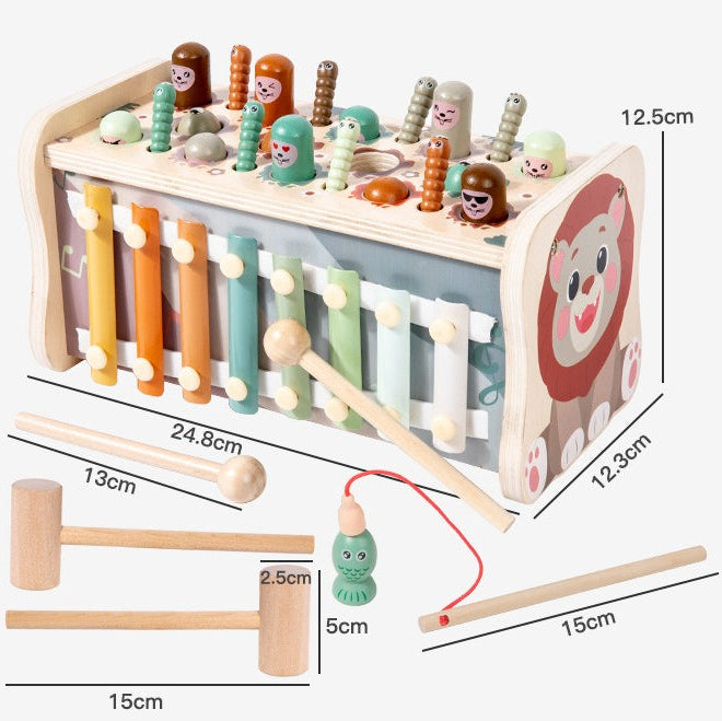 Children's wooden toy with various components and dimensions displayed on a white background