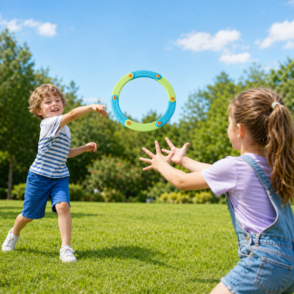 Two children playing catch with a soft EVA flying ring toy on the grass