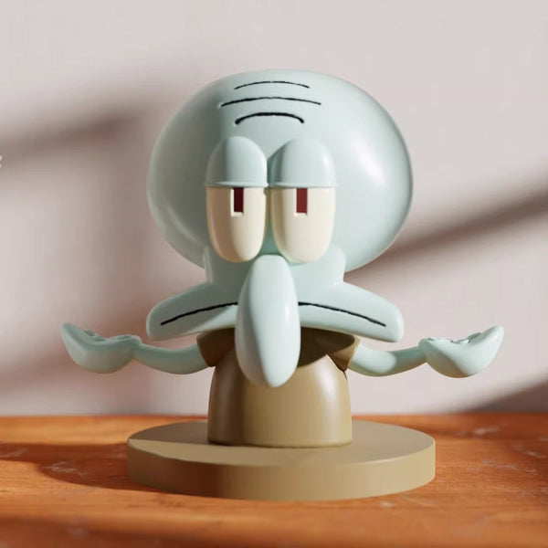 Squidward figurine on a wooden surface with a blurred background