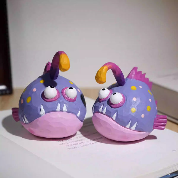 Hand-Carved Wooden Anglerfish Figurine