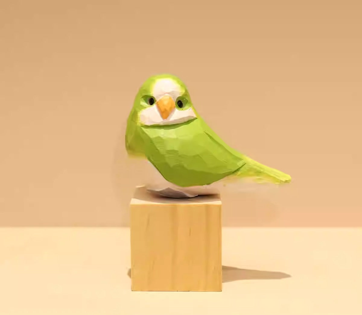 Hand-Carved Wooden Budgie and Monk Parakeet Figurine