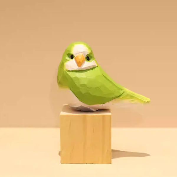 Hand-Carved Wooden Budgie and Monk Parakeet Figurine
