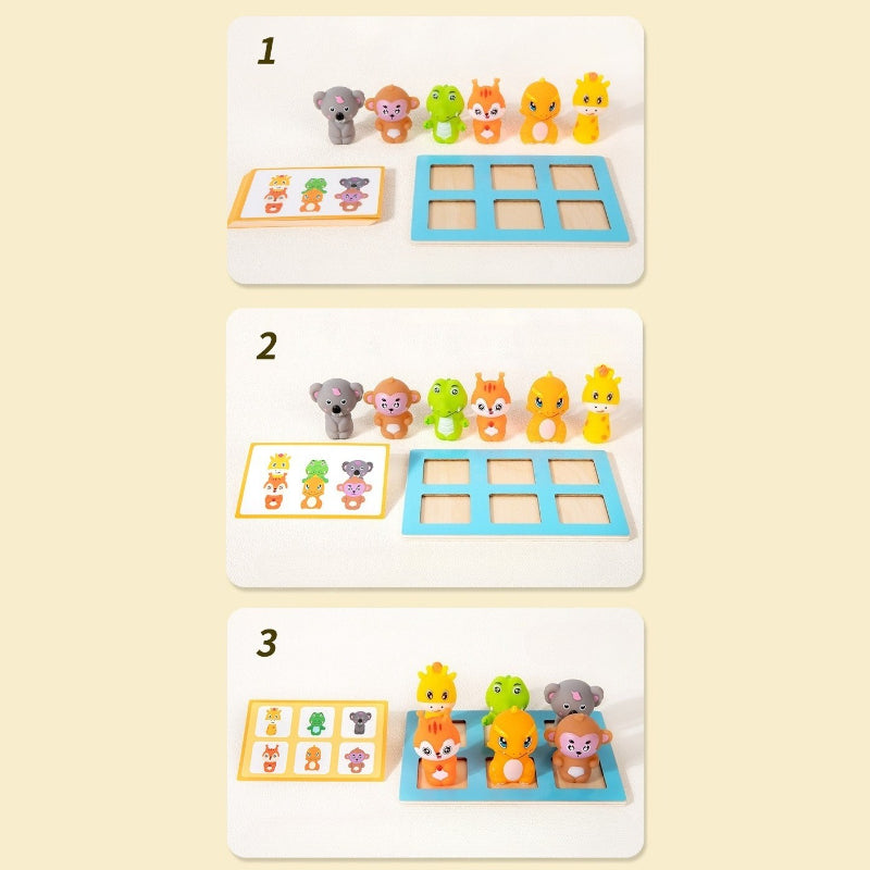 Educational game with animal figurines and number cards on a beige background